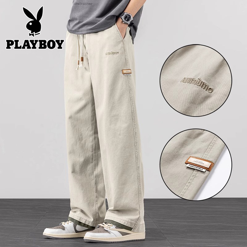 Playboy กางเกงลำลองแนวไฮสตรีท ผ้าฝ้ายแท้ สไตล์อเมริกัน กางเกงคาร์โก้กีฬา ทรงขาตรง ทรงหลวม สำหรับผู้ชาย รุ่นใหม่ฤดูใบไม้ร่วง