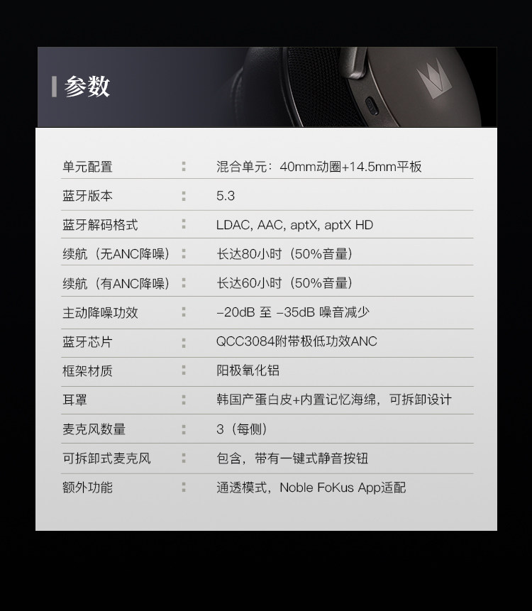 NOBLE 阿波罗Apollo动圈平板单元头戴耳机降噪帝捷