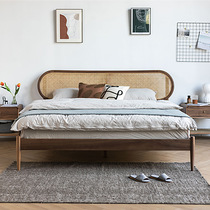 North American black walnut light luxury retro bed Nordic solid wood bed modern simple rattan bed 1 8 meters 1 5 double bed