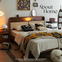 Nordic solid wood rattan bed retro bed wabi-sabi style 1 8m double bed modern minimalist medieval style bed master bedroom B&B