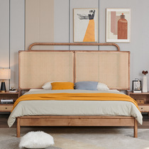 Nordic solid wood bed 1 5 meters rattan double bed 1 8 meters B&B wooden bed wabi-sabi style solid wood furniture log bed frame