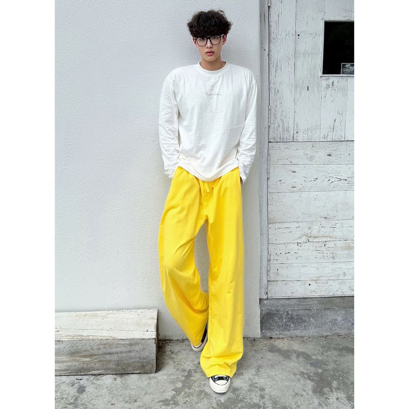 4Junks Lemon Yellow Pure Cotton Straight-Leg Casual Pants for Men and Women, Autumn Slim-Fit Versatile Long Pants with a Korean Vibe