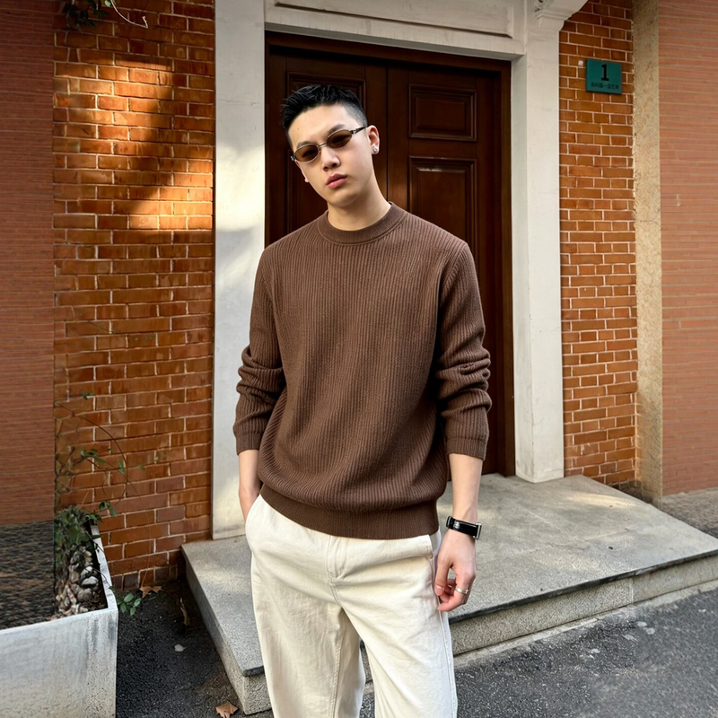 Brown Ribbed Knit Sweater for Men, Autumn Textured Old Money Style, Crew Neck, Long Sleeve, Base Layer Sweater Brown Ribbed Knit Sweater for Men, Autumn Textured Old Money Style, Crew Neck, Long Sleeve, Base Layer Sweater