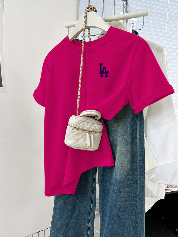 Summer European-Style Chic Letter Print Rose Red Regular Shoulder Short-Sleeve T-Shirt for Women, Loose and Versatile Round Neck Simple Top