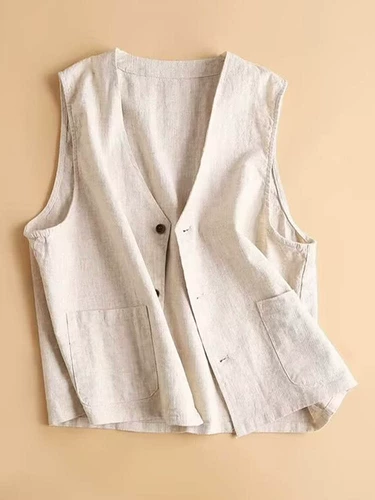 Брендовый однотонный жилет для отдыха, майка топ, куртка, из хлопка и льна