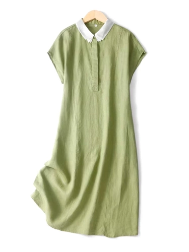 专柜剪标折扣清仓气质翻领棉麻显瘦长裙女简约纯色亚麻垂感连衣裙