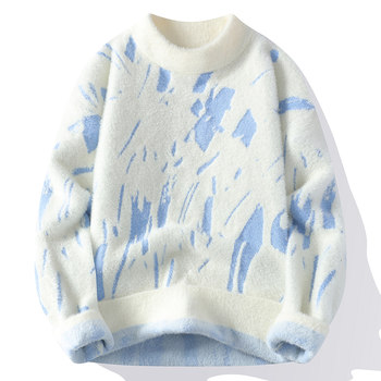 2025 new soft waxy tie-dye winter sweater men's mink velvet youth round neck thickened sweater trendy basement