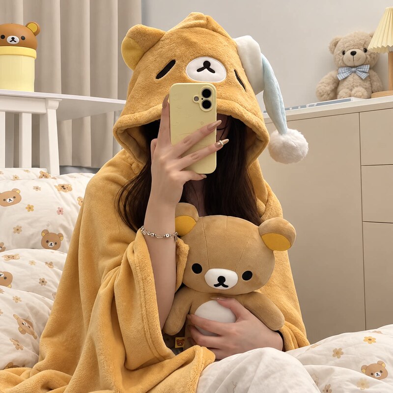 Rilakkuma Shawl Blanket for Autumn and Winter, Warm and Thickened, Office Nap Blanket, Hooded Bear Brother and Sister Air Conditioning Blanket Rilakkuma Shawl Blanket for Autumn and Winter, Warm and Thickened, Office Nap Blanket, Hooded Bear Brother and Sister Air Conditioning Blanket