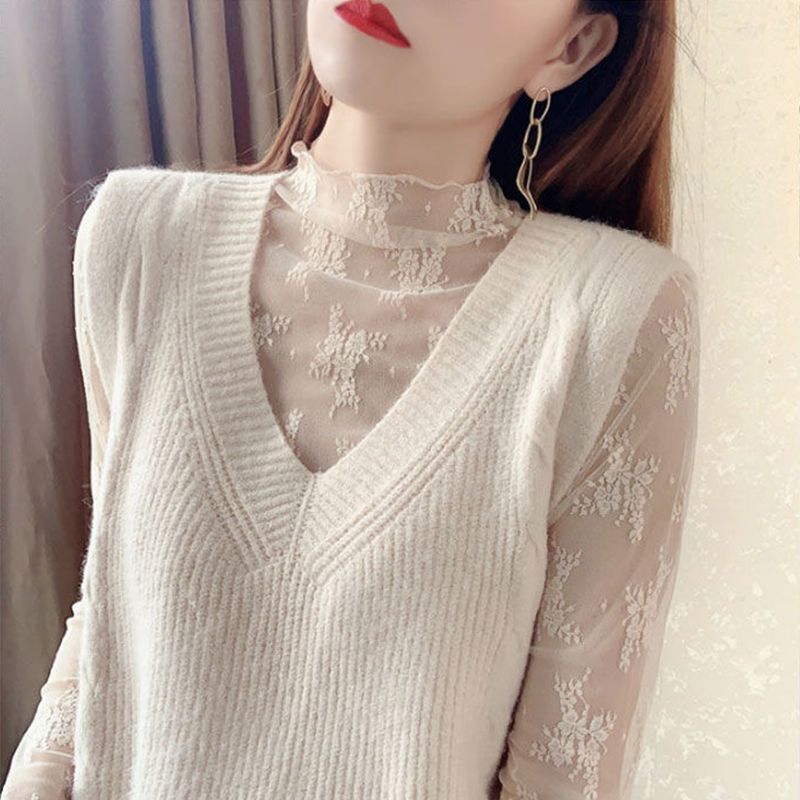 Fashionable Lace Chiffon Shirt for Women, Long-Sleeved Top, New Autumn and Winter Style, Outerwear or Layering, See-Through Blouse