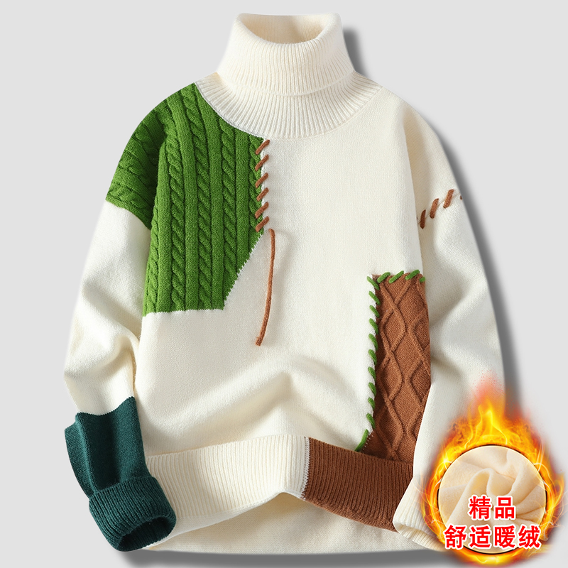 Men's Turtleneck Sweater for Autumn and Winter, Fleece-Lined and Thickened Knit Base Layer, High-End Warm Sweater for Young Men