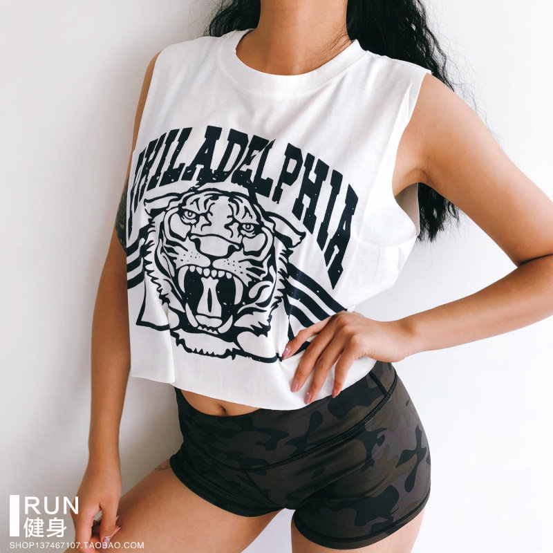 Cartoon letter printing tiger head fitness quick-drying sports sleeveless short open waist umbilical T-shirt women's vest summer