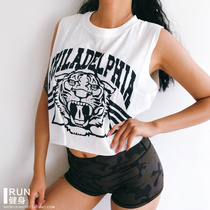 Cartoon letter printing tiger head fitness quick-drying exercise sleeveless short open waist navel T-shirt womens vest summer