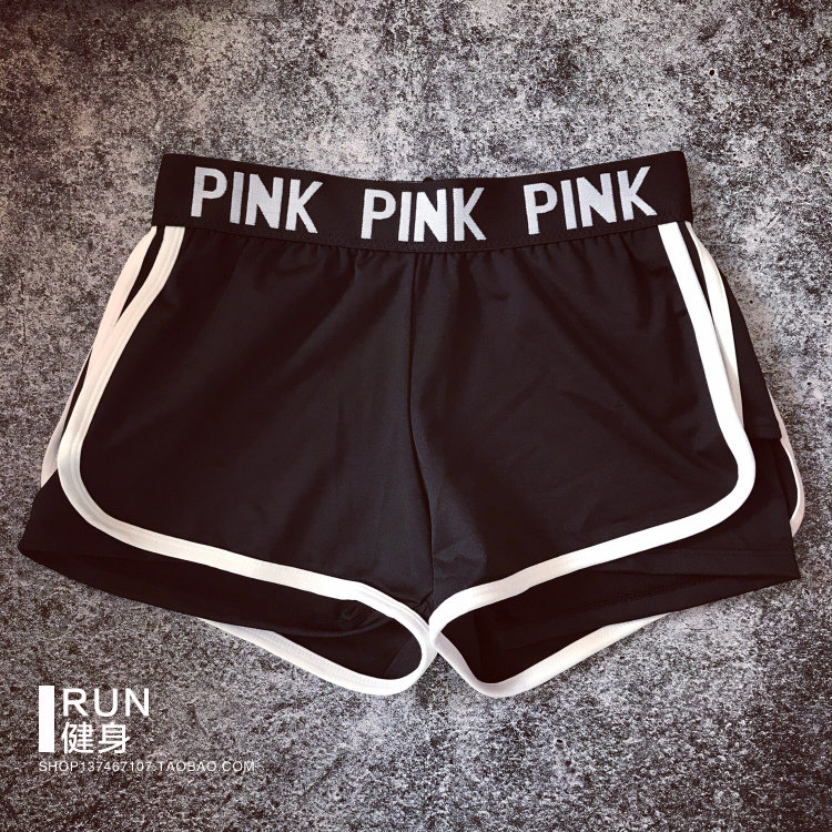 Net red fitness running speed dry elasticity PINK letter anti-walk fake two-piece shorts for women summer cheerleader