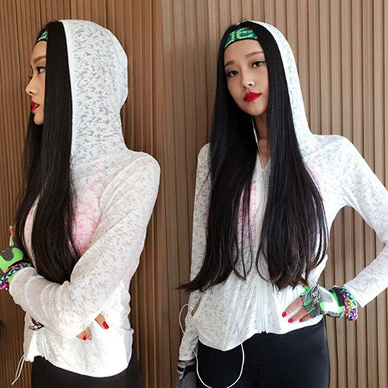 Dark flower zipper long sleeve hooded jacket Outdoor sunscreen loose blouse Fitness women sports leisure quick-drying light