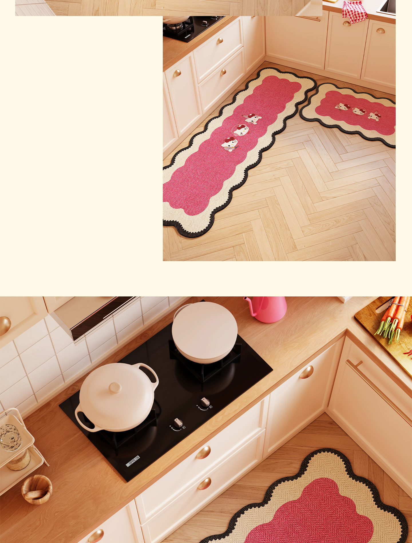 Cartoon Kitty diatomite floor mat, water and oil absorbent, non-slip two-piece set, wear-resistant and non-slip kitchen floor mat