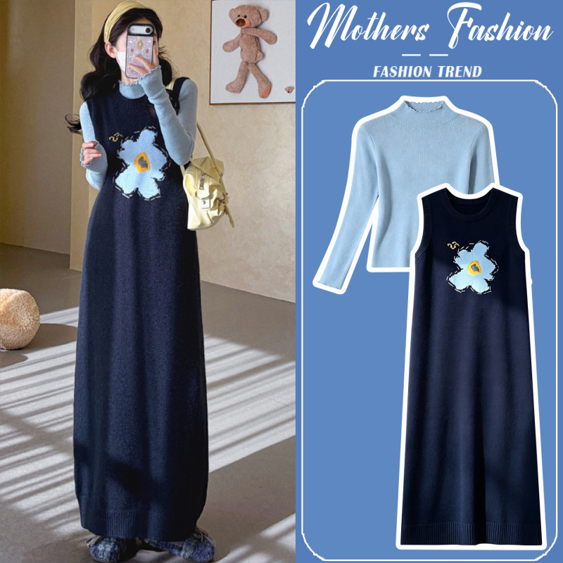 Maternity Dress Set Spring, Autumn and Winter 2026 New Korean Style Fashionable Blue Lace Top Vest Dress Two-Piece Set Maternity Dress Set Spring, Autumn and Winter 2026 New Korean Style Fashionable Blue Lace Top Vest Dress Two-Piece Set