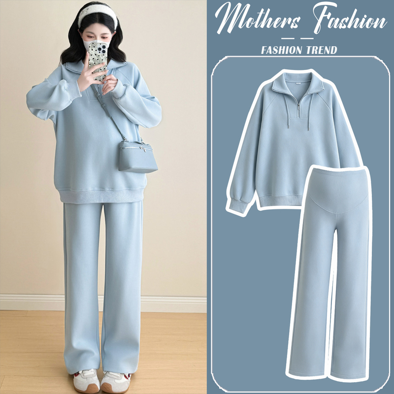 Maternity Suit Spring and Autumn 2026 New Korean Style Fashionable Sports Casual Style Blue Top Belly Support Pants Two-Piece Set Maternity Suit Spring and Autumn 2026 New Korean Style Fashionable Sports Casual Style Blue Top Belly Support Pants Two-Piece Set