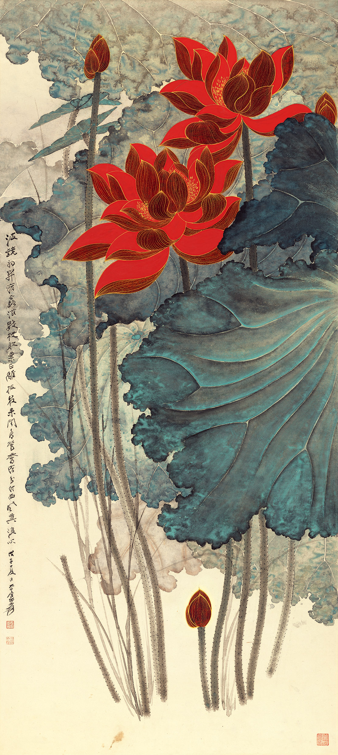 张大千《金线荷花》客厅书房茶室装饰画挂画玄关水墨高清卷轴字画-淘宝