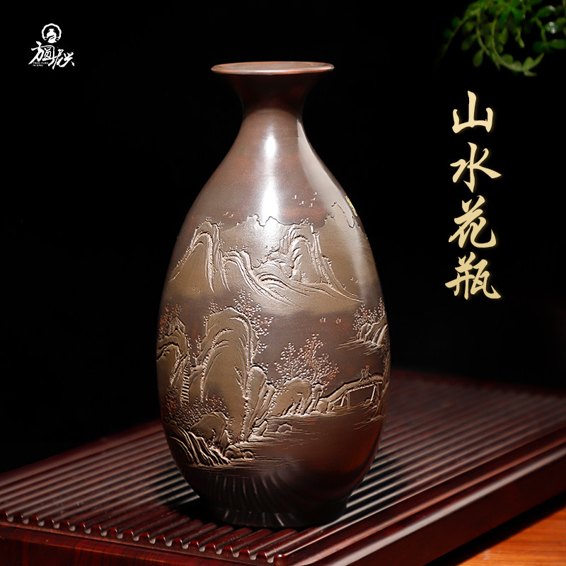 中国美術 欽州 泥興陶 山水彫刻 浮彫 窯変 飾り壺 / 富士山 花瓶 花器