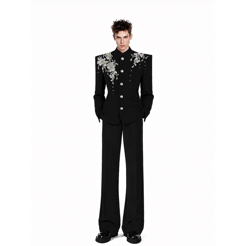Chela【Frost Flower Falling】Wide-Shoulder, Narrow-Waist Suit Jacket with Structured Design and Raised Shoulder Design, Waist-Cinching Suit Dress