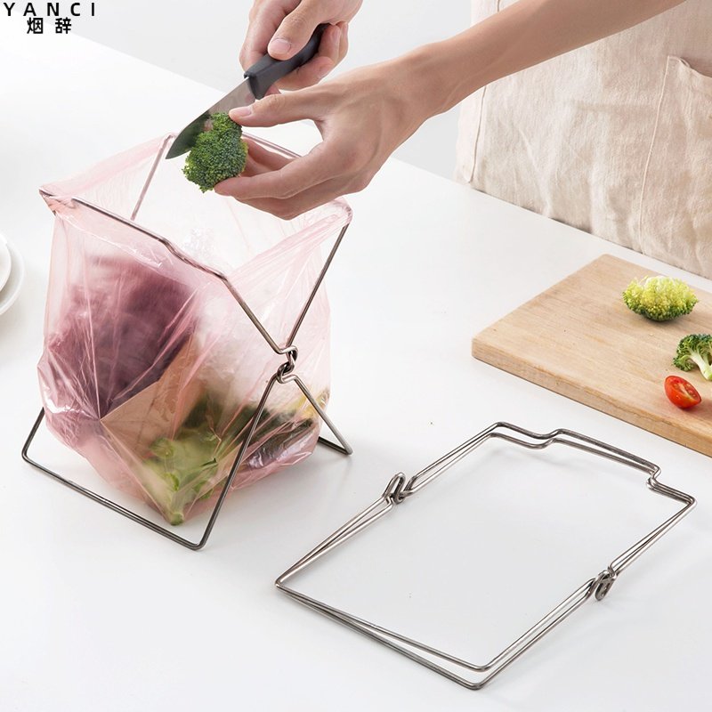 Home Stainless Steel Trash Bags Rack Containing Rag Shelf Foldable Kitchenette Bins Plastic Bag Racks-Taobao