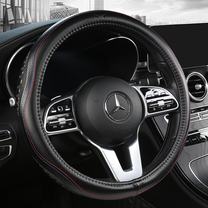 Leather steering wheel cover head layer cowhide handlebar cover four seasons universal round D-type high-end mature business high-end handle cover