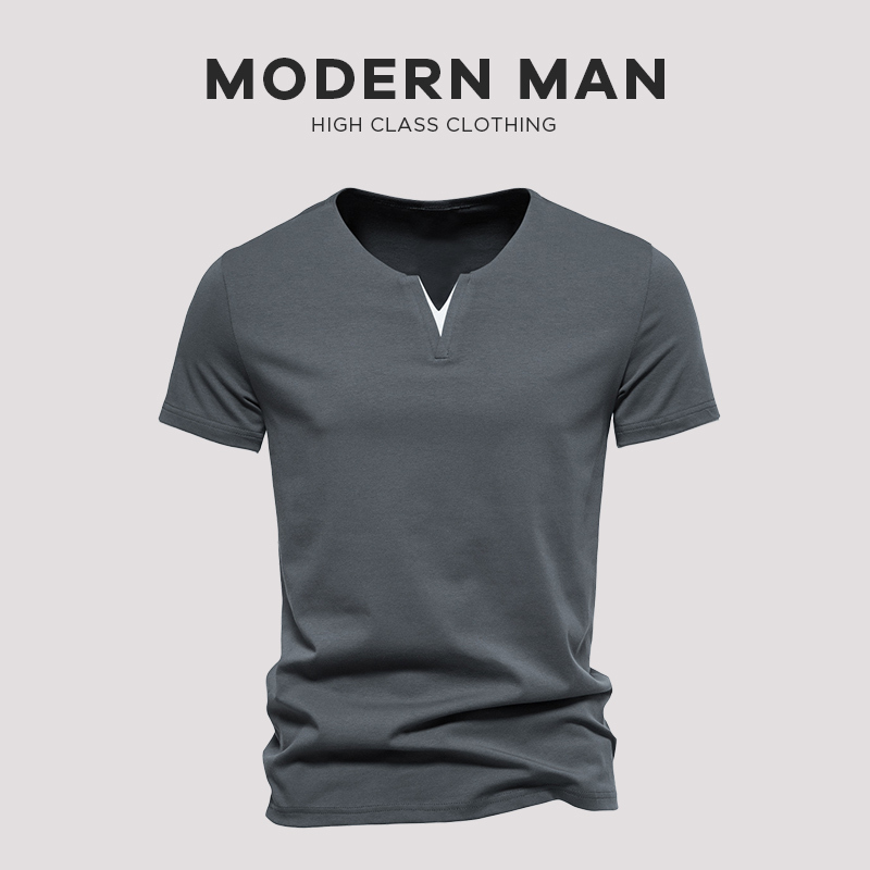 Summer Men's Short-Sleeved European and American Style Fake Two-Piece V-Neck Pure Cotton Stretchy Trendy Slim Breathable Solid Color Men's T-Shirt