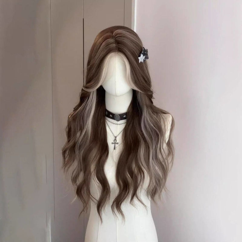 【American Style】Lace Asian Hot Girl Gray and Gold Highlighted Long Curly Hair Wig Full Head Wig Hairstyle Protein Fiber Slanted Bangs 【American Style】Lace Asian Hot Girl Gray and Gold Highlighted Long Curly Hair Wig Full Head Wig Hairstyle Protein Fiber Slanted Bangs