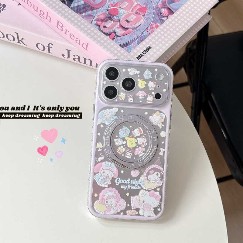 Light Purple Sanrio Collection Fruit Decoration Suitable for iPhone 17 Pro Phone Case New Model 16 Pro Max Anti-Drop 360 Rotating Stand 15 Pro Max Large Window 16 Pro Apple Protective Case 17 for Women