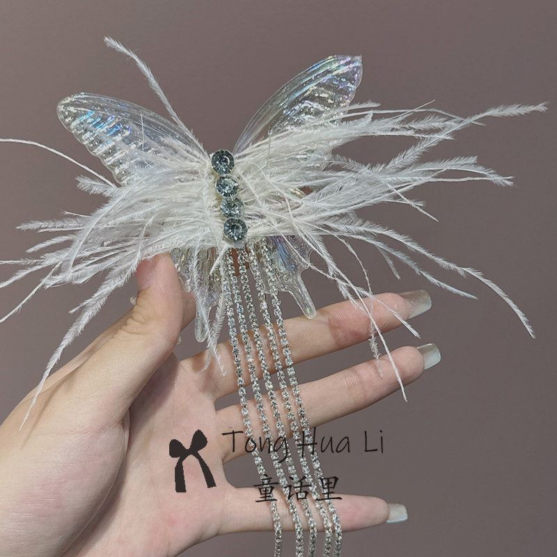 超仙羽毛水钻流苏发夹女蝴蝶结感发饰春夏粉色羽毛刘海侧边夹详情5