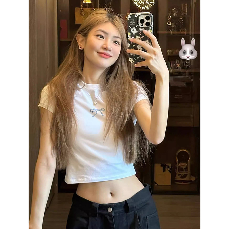 Spicy Girl Bow Print Short-Sleeve T-Shirt for Women, Summer Slim Fit, High-Waisted, Cropped, Versatile Short Top