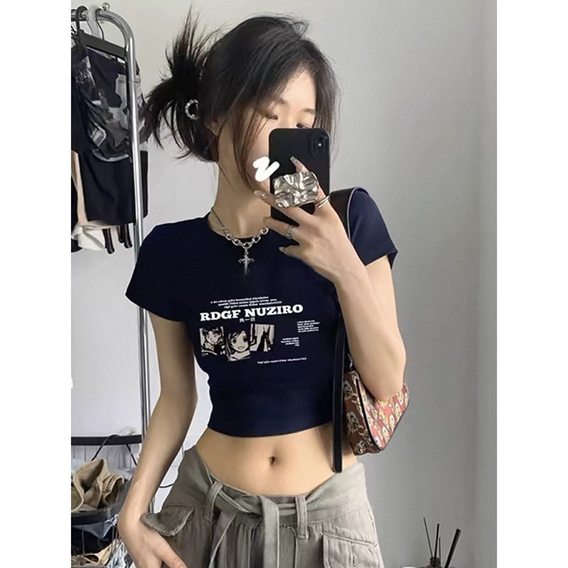 American Retro Style Short-Sleeved T-Shirt for Women, 2026 Summer New Slim-Fit Waist-Revealing Crop Top, Sweet and Spicy Girl Top