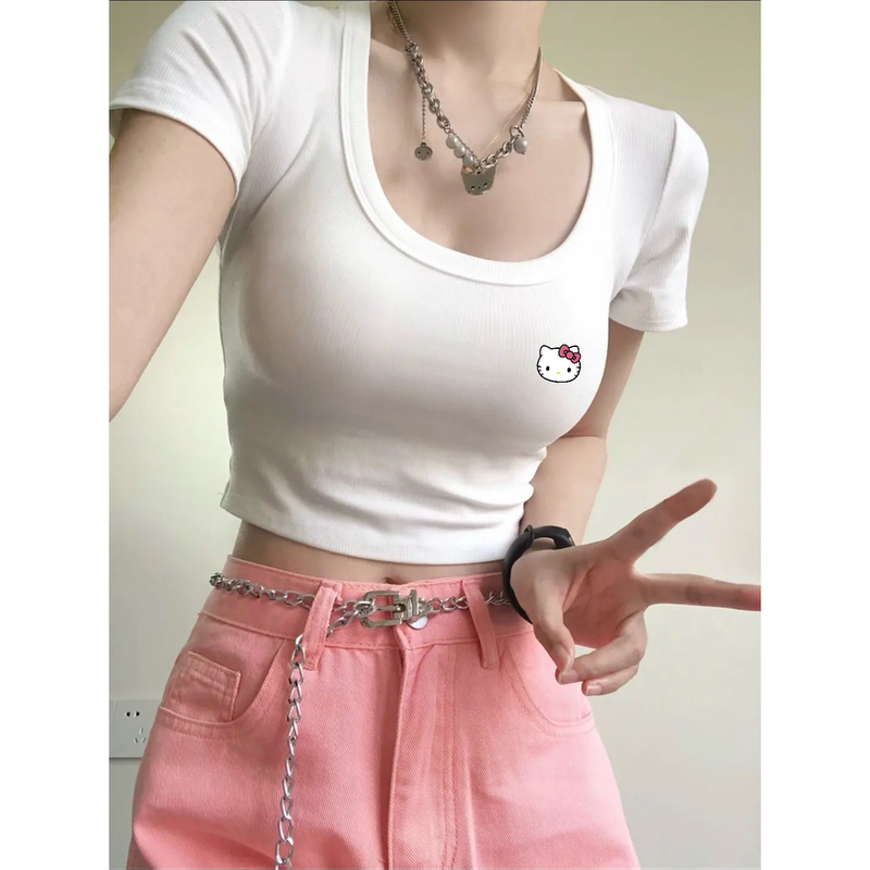 American-Style Regular Shoulder Short-Sleeve T-Shirt for Women, 2026 Summer New Short Slim-Fit Crop Top with Exposed Navel, Waist-Cinching U-Neck, Sweet and Spicy Top