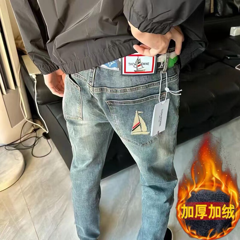 New Trendy Embroidered Washed Denim Jeans, American Style Slim Fit, Tapered Leg, Slimming, Trendy Long Jeans for Men, Fashion Brand