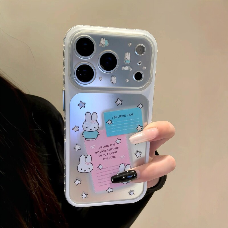 Korean ins Laser Silver Cartoon Rabbit Illustration Suitable for Iphone17Promax Phone Case Apple 15Pro New Model 14 Large Window 13 Girly 16 Niche 17 Cute Anti-Drop Protective Cover