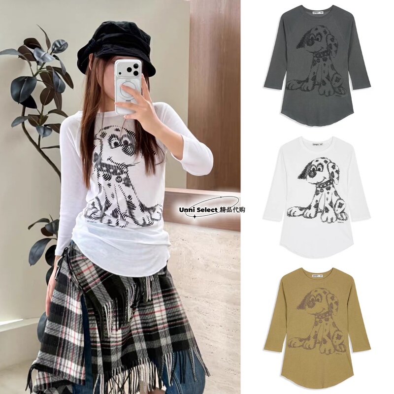 Korean Brand Open Yy 26 Early Autumn New Collection Pet Club Dalmatian Graffiti Three-Quarter Sleeve T-Shirt for Women