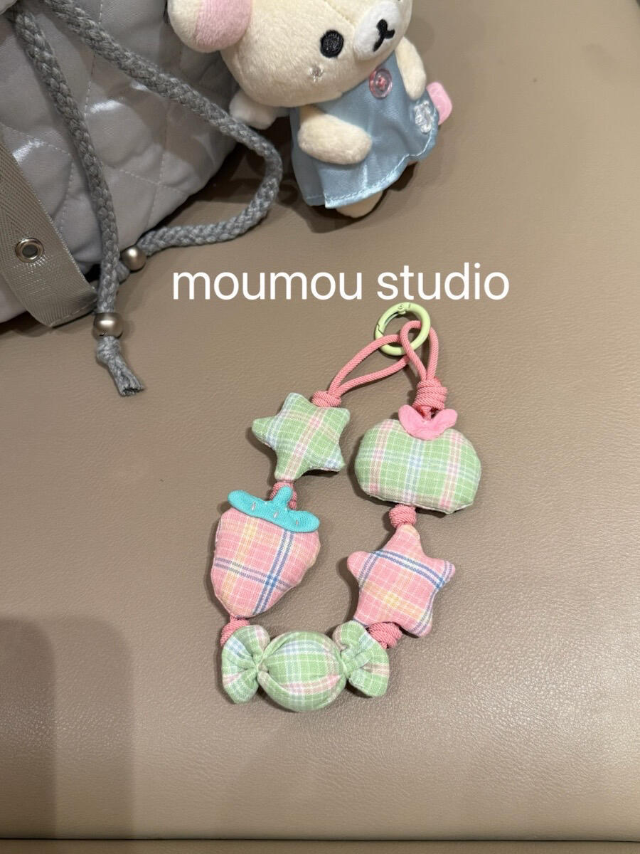 Fabric plaid strawberry and star phone charm/bag pendant, checkered fabric, candy, strawberry, and star pink rope (with clasp)