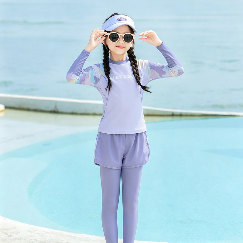 Girls' Swimwear 2026 Summer Children's Long-Sleeved Two-Piece Swimsuit Summer Quick-Drying Sun Protection Boxer Briefs Swimsuit