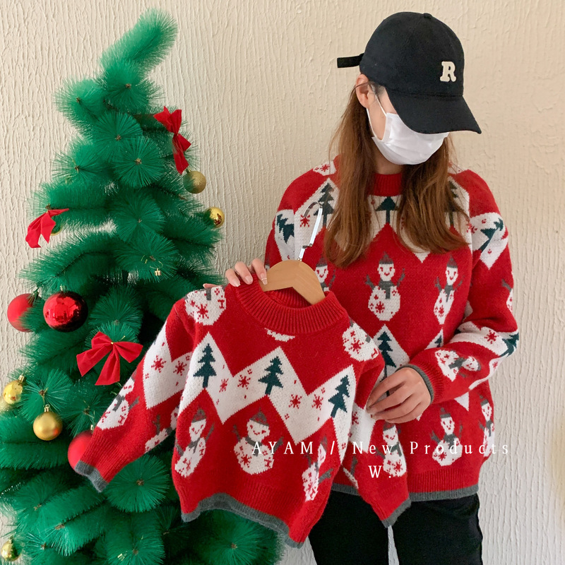 Parent-Child Matching Red Christmas Hats and Cartoon Christmas Sweaters, 2025 Autumn and Winter New Style, Family of Three Winter Knitwear