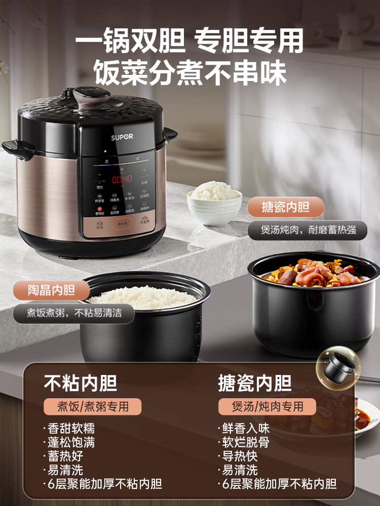 Supor Electric Pressure Cooker for Home Use, 5L Double Pot High-Pressure Rice Cooker, Multifunctional Pressure Cooker, 2025 New Flagship Model
