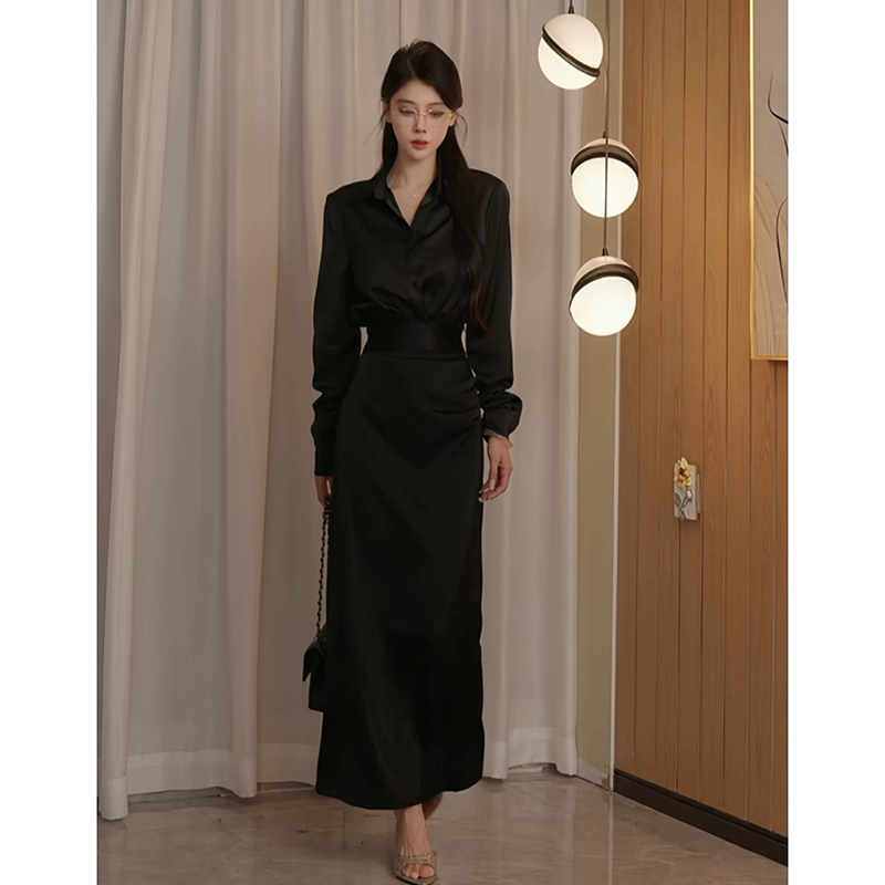 Pure Desire, Light Luxury, Royal Lady Style, Black Long-Sleeved Dress for Women, Early Autumn, Waist-Cinching, Lapel Shirt, Skirt Two-Piece Set Pure Desire, Light Luxury, Royal Lady Style, Black Long-Sleeved Dress for Women, Early Autumn, Waist-Cinching, Lapel Shirt, Skirt Two-Piece Set
