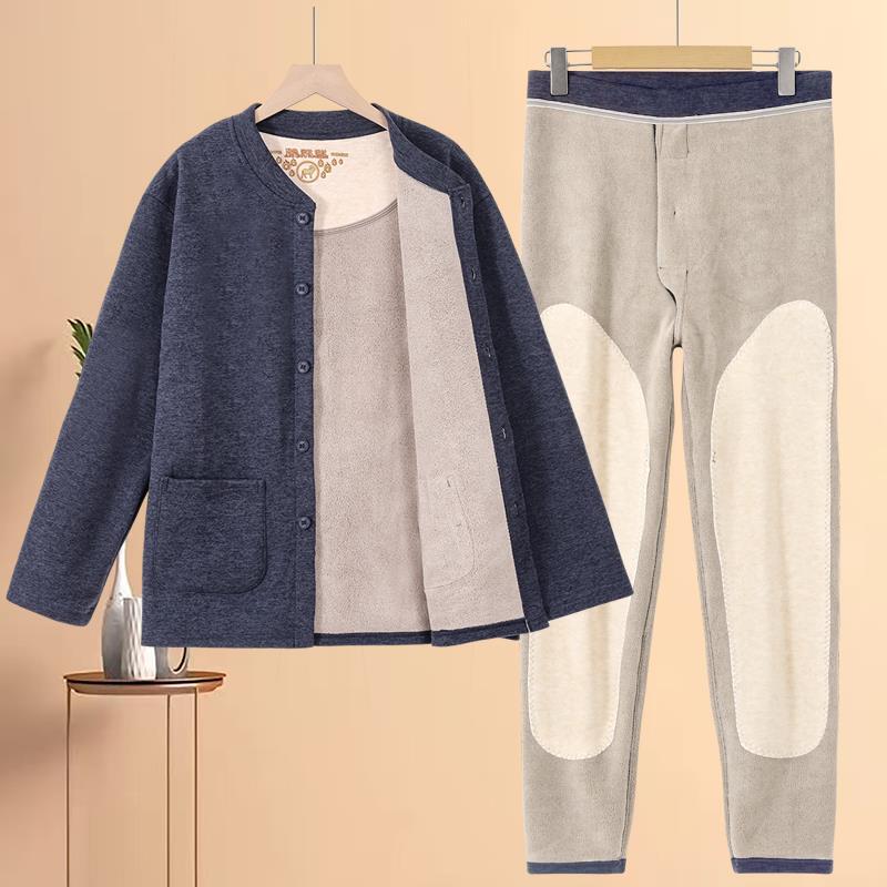 Elderly Men's Fleece-Lined Thermal Underwear Set, Thickened Front-Buttoned Dad-Style Large Size Cardigan for Autumn and Winter Elderly Men's Fleece-Lined Thermal Underwear Set, Thickened Front-Buttoned Dad-Style Large Size Cardigan for Autumn and Winter
