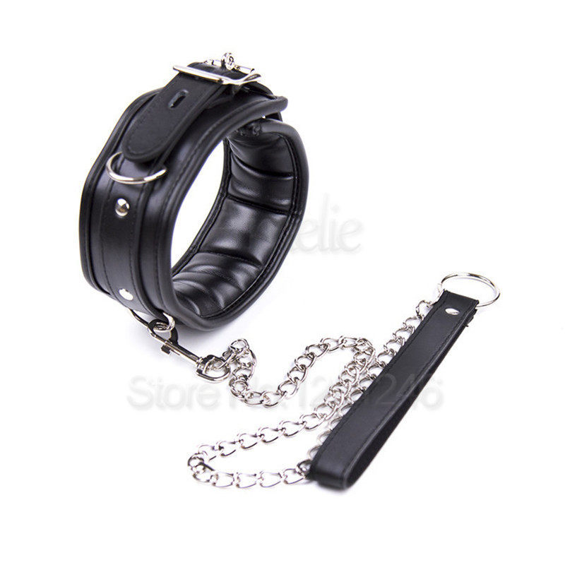 BDSM Leather Dog Collar Slave Bondage Belt With Chains Can L