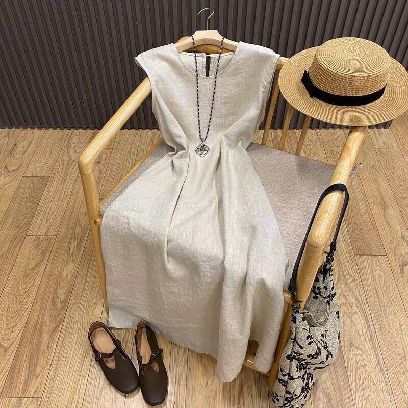 Elegant Women's Cotton and Linen Vest Mid-Length Dress, Summer High-End Solid Color Linen Sleeveless Dress, Casual and Versatile