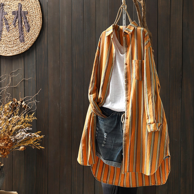 Fashionable Mid-Length Cotton and Linen Long-Sleeved Shirt Jacket for Women, Autumn Vertical Striped Cardigan, Loose Top, Brand Clearance Sale Fashionable Mid-Length Cotton and Linen Long-Sleeved Shirt Jacket for Women, Autumn Vertical Striped Cardigan, Loose Top, Brand Clearance Sale