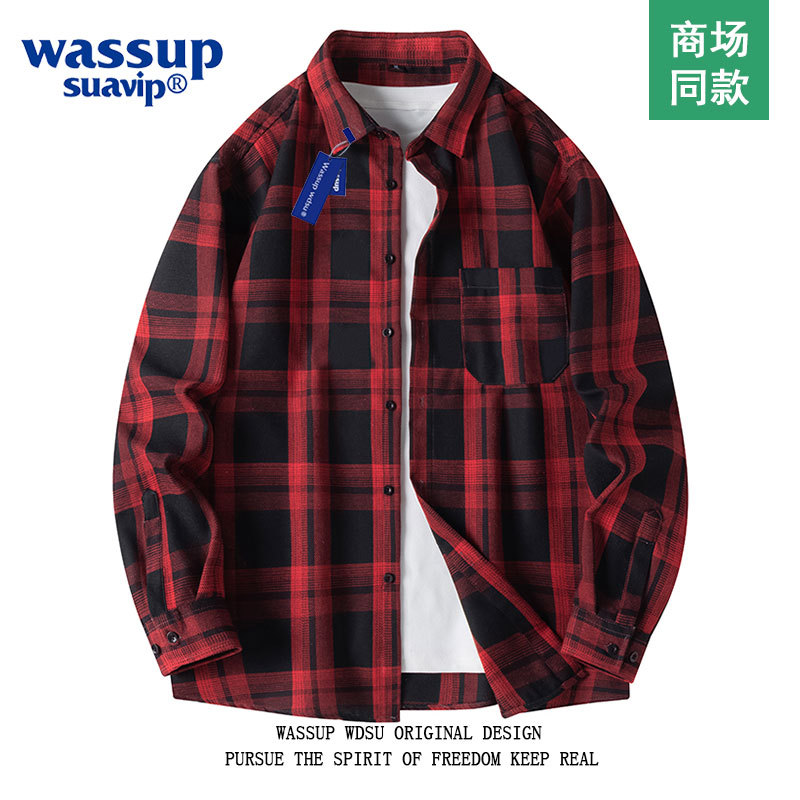Wassup Suavip Red Plaid Shirt Men's Spring & Fall Casual Loose Long-Sleeved Retro Trendy Brand Shirt Jacket