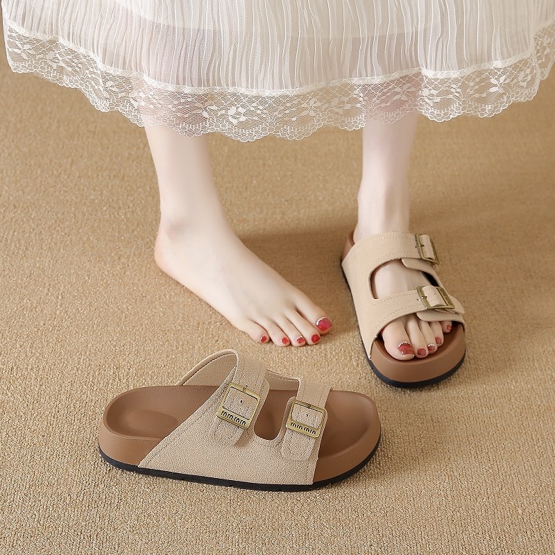 Yang Mi's Same Style Genuine Leather Birkenstock Slippers for Women, Summer Outdoor Wear, 2025 New Popular Model, Suitable with Skirts, Soft-Soled Slide Sandals