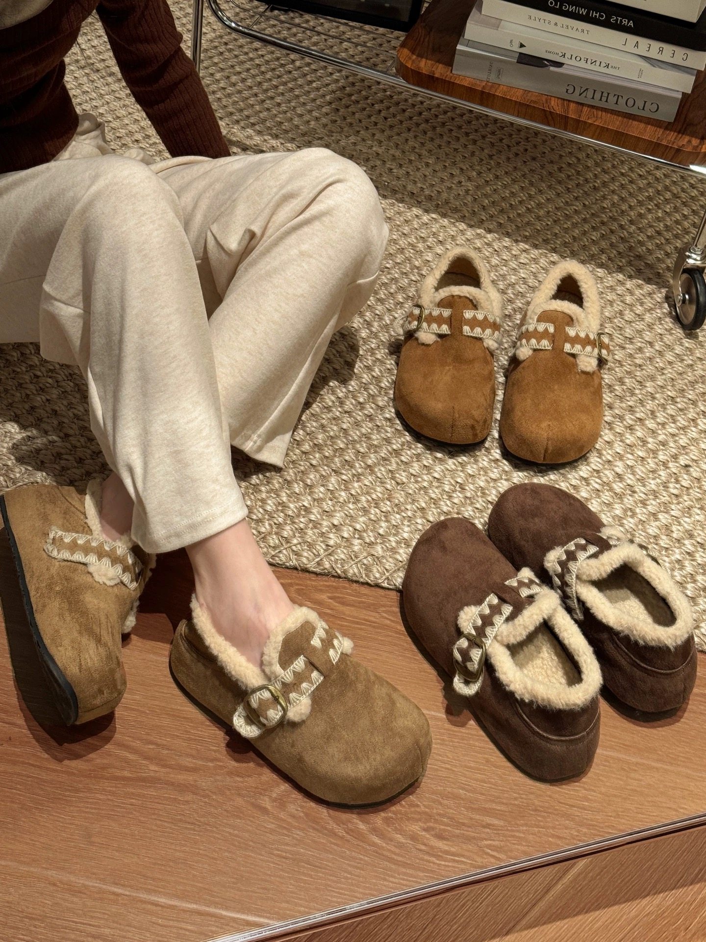 Thick-Soled Fleece-Lined Birkenstock Shoes for Women, 2025 New Winter Slip-On Furry Birkenstock Shoes, Warm Cotton Shoes, Size 34