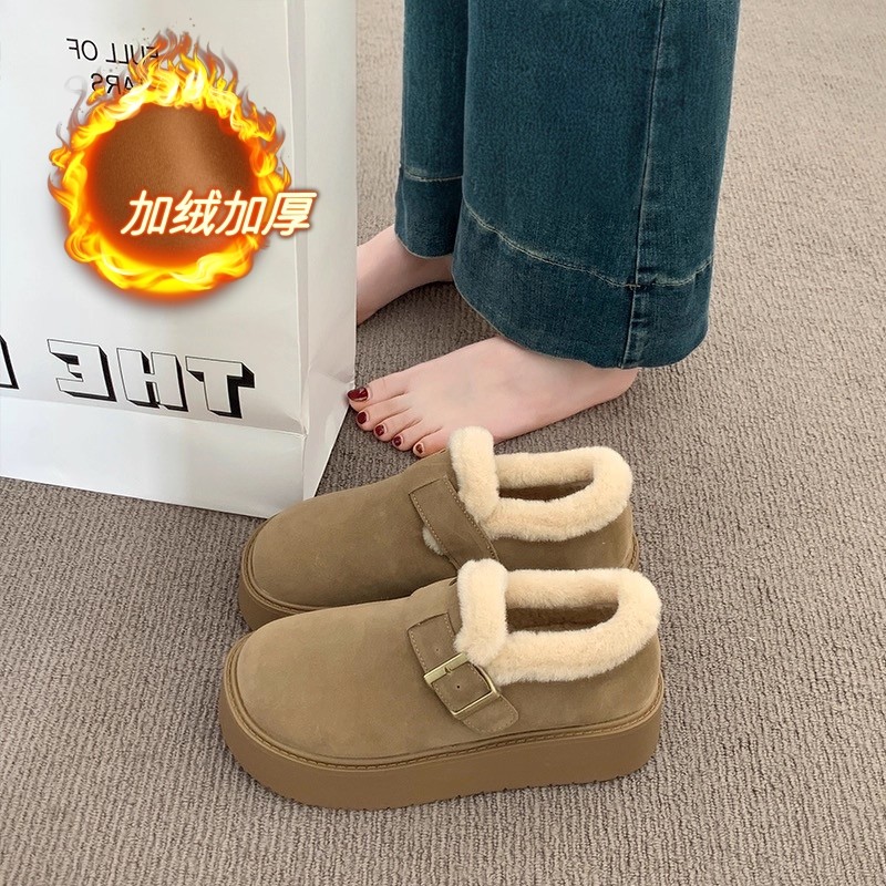 Thick-Soled Fleece-Lined Birkenstock-Style Snow Boots for Women, 2025 New Autumn and Winter Outdoor Furry Shoes, Warm Loafers, Cotton Shoes