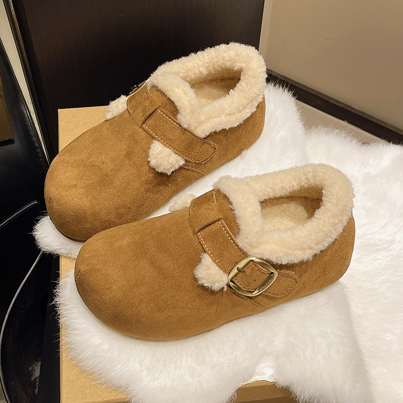 Retro Thick-Soled Velvet Birkenstock Shoes for Women, Winter 2025 New Style Warm Snow Boots, Slip-On Woolen Cotton Shoes, Size 34